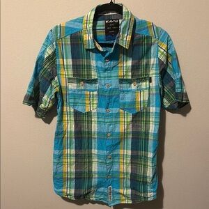 KAVU Plaid Mens Sm Multicolor Short Sleeve Button Up Hiking Athletic Blue
